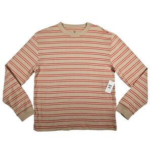MODE OF ONE Mens Tan Red Stripe Long Sleeve Crew‎ Neck T Shirt Cotton Size Large